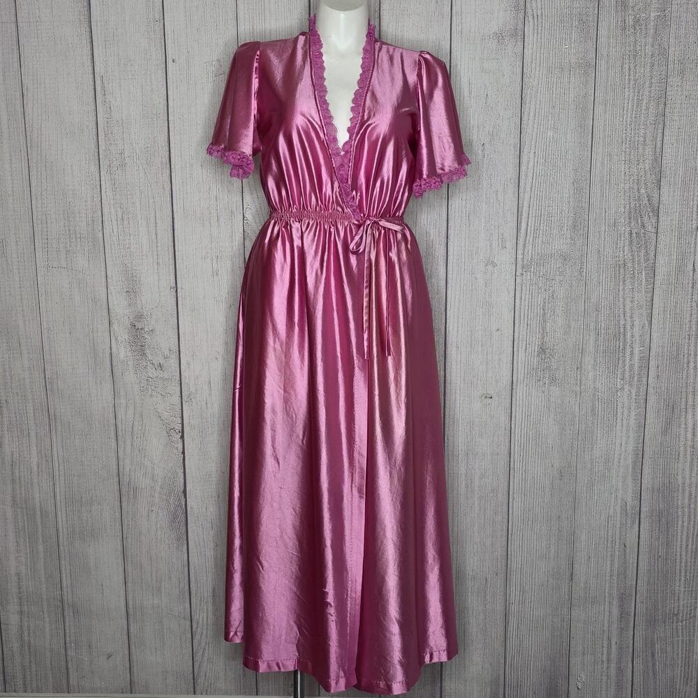 Vintage JCPenney Pink Satin Peignoir Robe L 16-18 Lace Maxi Dressing Gown